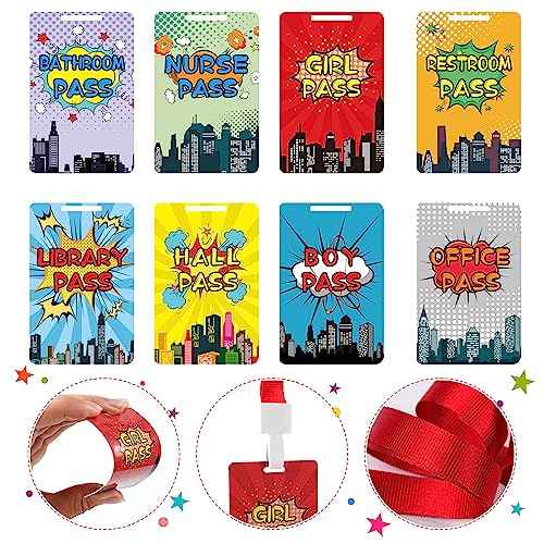 48 Pieces Hero Text Passes Set: 24 Pieces Passes and 24 Pieces Lanyards School Passes Set Hall Pass Restroom Pass Bathroom Pass Nurse Pass Library Pass Office Pass Girl Pass Boy Pass(Hero)