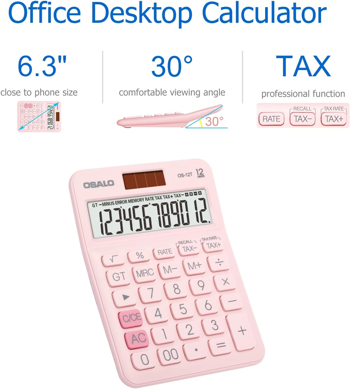 Skiennix Pocket Desk Calculator - 12 Digit LCD Display | Solar & Battery Power, Compact Size (Pink)