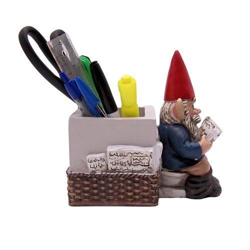 Gnome Sitting on Toilet Pen & Pencil Holder, Unique Desk Storage, Home & Office Stationary Decor, 6 Inches