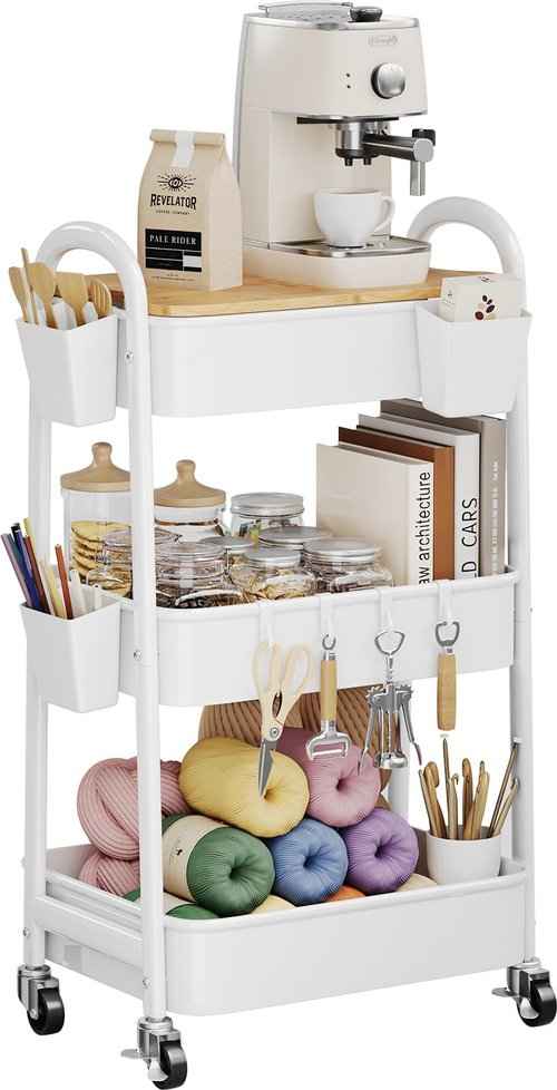 3 Tier Rolling Cart Metal with Wheels and Bamboo Table Top, Art Cart Organizer on Wheels, White Three Tiered Storage Utility Carts for Craft, Baby, Diaper Caddy,Coffee,Kitchen,Cleaning,Office Supplies