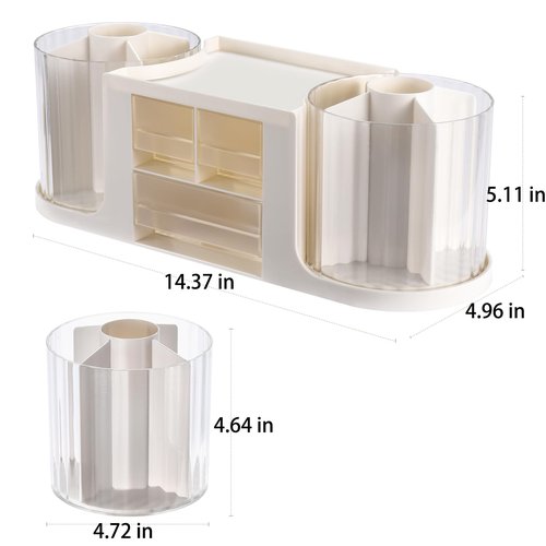 KLIONGO Rotating Desk Organizer with 2 Pen Holder, Desk Organizers and Accessories with 10 Slots Pencil Holder for Desk + 3 Drawer, Art Supply Storage Box Caddy for Office School Home (White)