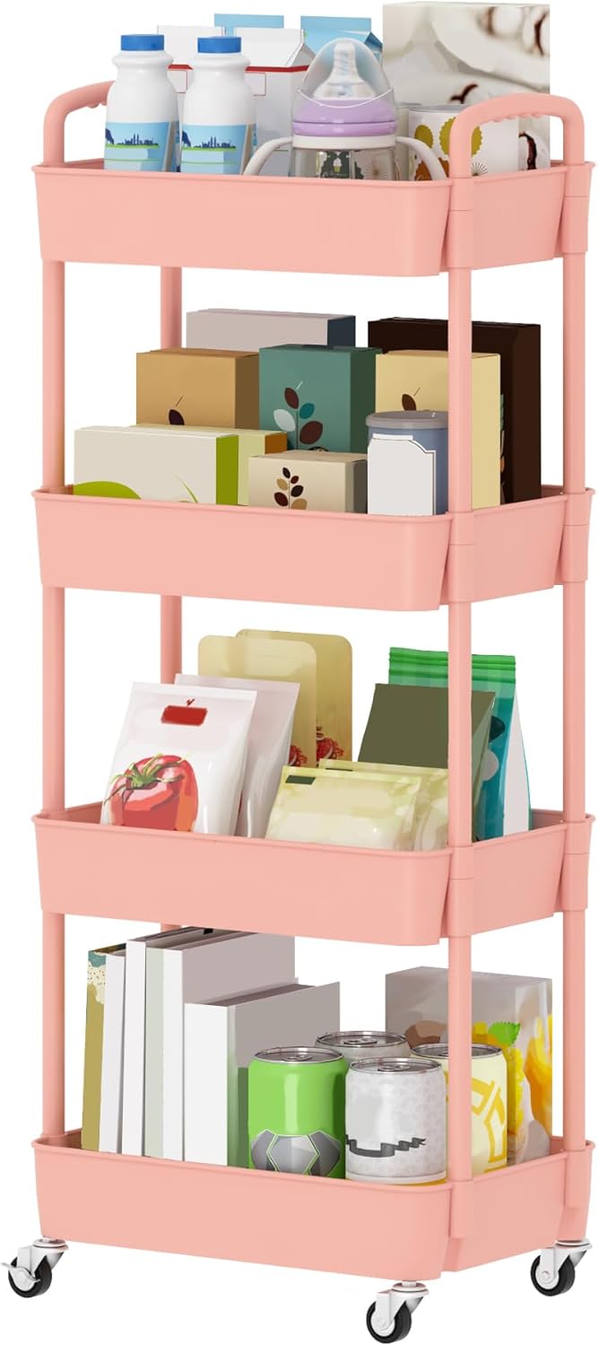 Sywhitta 4-Tier Rolling Utility Cart - Multi-Functional Storage Trolley with Handle, Pink