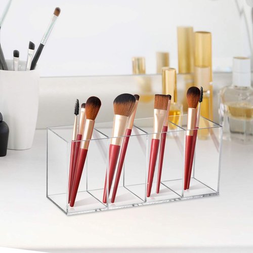 Acrylic Pen Holder Clear Pencil Organizer Makeup Brush Holder Countertop Desk Accessory Storage (4 Compartments)