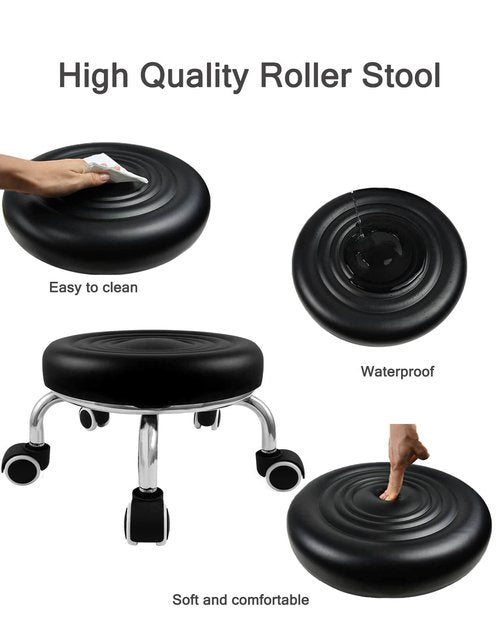 Vapaa taide Rolling Stools with Wheels Heavy Duty 350LB Waterproof PU Leather High Weight Capacity Roller Seat and Crystal Universal Wheels for Men Women Boy Girl Garage Salon Home Office Black