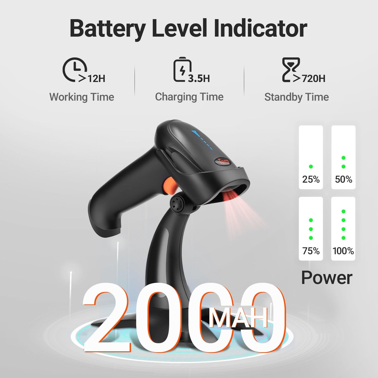 Tera Barcode Scanner Wireless 1D 2D QR with Stand: Battery Level Indicator 3 in 1 Works with Bluetooth 2.4G Wireless USB Wired Handheld Bar Code Reader with Vibration Alert HW0002 Black