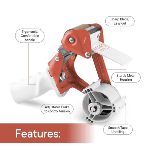 TAPEWELL Heavy Duty Metal Frame Orange Packing Tape Dispenser 3 Inch Core with Special Ergonomic Handle, Tape Gun for Packing Boxes with Premium Tempered Steel Blade - for 3 inch Wide Roll