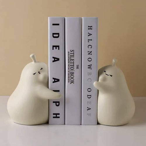 Linxia Pear Bookends Vanilla White Ceramic Creative Bookends for Shelves Book Holder Stopper for Books/Movies/CDs/Video Games (1 Pairs) Hug style