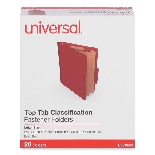 Universal six-Section Classification folders, Heavy-Duty pressboard Cover, 2 dividers, 6 Fasteners, Letter Size, Brick red, 20/Box