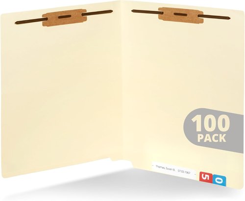 Blue Summit Supplies Manila File Folders - 100 Pack with Reinforced End Tabs & 2 Fasteners, Letter Size