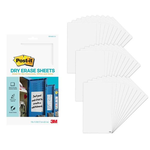 Post-it Dry Erase Sheets, 7 in x 11.3 in, 30 Sheets, Sticks Securely and Removes Cleanly (DEFSHEETS-30PK)