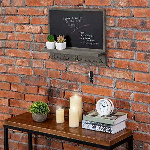MyGift Wall Mounted Dark Gray Wood Framed Chalkboard Sign with Storage Display Shelf and 5 Dual-Prong Key Holder Hooks - Decorative Entryway Family Message Board