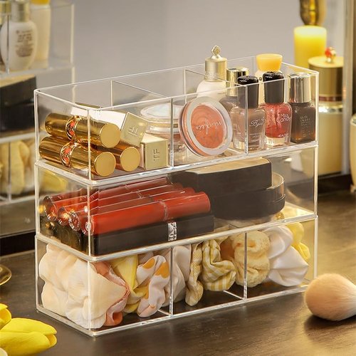 POPPEYGO Stackable Clear Drawer Organizers Small Makeup Vanity Storage Bins Trays and Office Desk Drawer Dividers Triple Compartments 2 Pack
