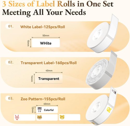 NIIMBOT Label Maker Roll Set - Waterproof Thermal Labels (3 Rolls: White, Clear, Zoo) for Home & Office Organization