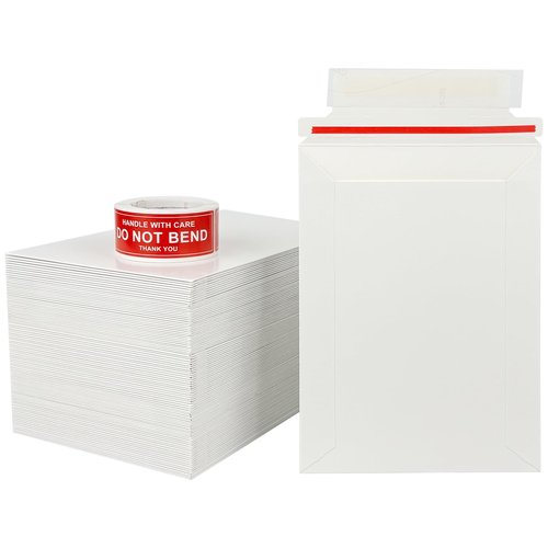 Neehows 100 Pack 5x7" Rigid Mailers Cardboard Envelopes, Photo CD Mailers Shipping Envelope for Trading Cards with "DO NOT BEND" Labels, Small Stay Flat Self Seal Document Envelope - White