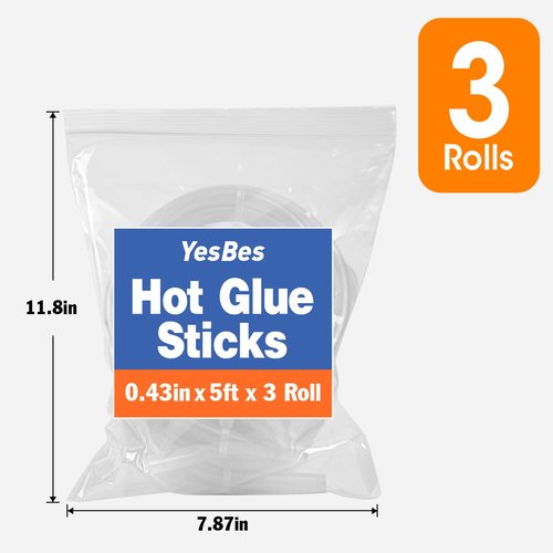3 Pack Hot Glue Sticks Rolls, Full Size 5 FT Long x 0.43" Diameter Glue Sticks for Glue Gun, Widely Used in Wood, Metal, Glass, Plastic, Floral, Fabric, and More