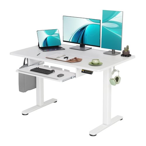 Claiks Standing Desk with Keyboard Tray, Electric Standing Desk Adjustable Height, 48x24 Inches Sit Stand up Desks with Splice Board, Raising Desks for Home Office, White