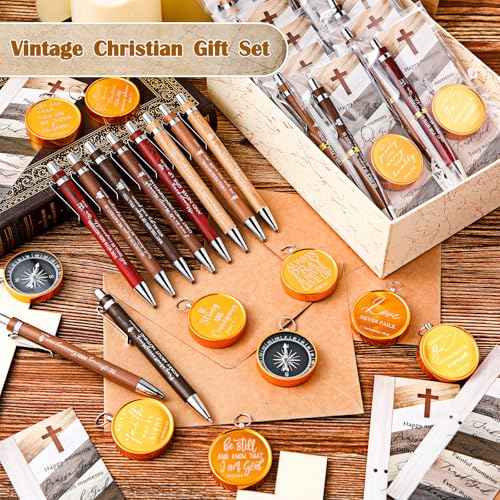 Spakon 50 Sets Father's Day Christian Gifts for Men Religious Bamboo Pens Bible Verse Bookmarks Engraved Brass Compass Bible Quotes for Dad Pastors Church Gifts Party Favors