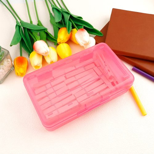 Pencil Box, Large Capacity Clear Pencil Case, 1 Pack Hard Pencil Case, Clear Crayon Box with Snap-tight Lid Stackable Design, Plastic Storage Box for Office Supplies, Pink