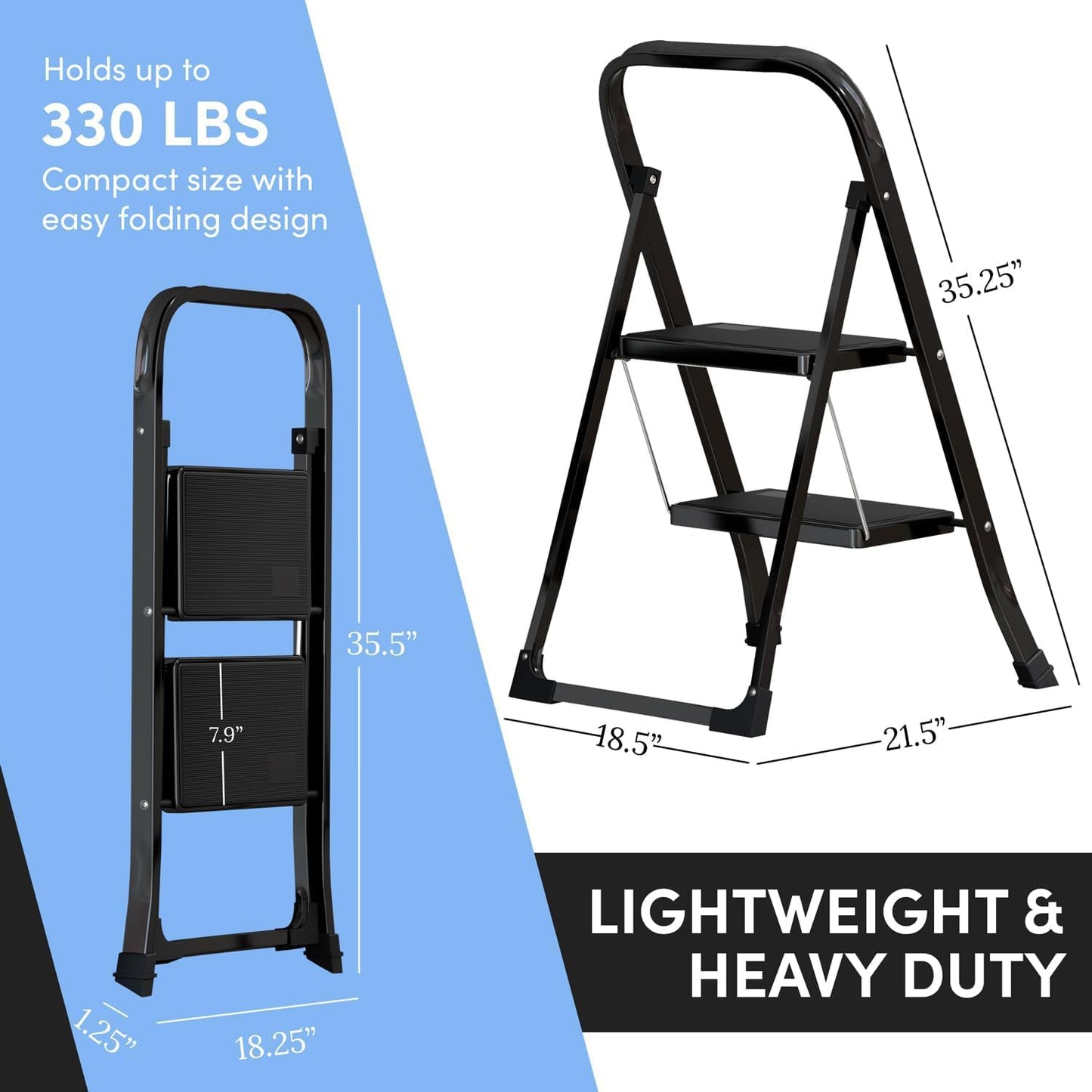 2-Step Ladder with Wide Anti-Slip Platform & Thick Rubber Feet | Heavy Duty Foldable & Portable | 330 lbs Capacity, Steel Frame, Rubber Handgrip, Folding Step Stool