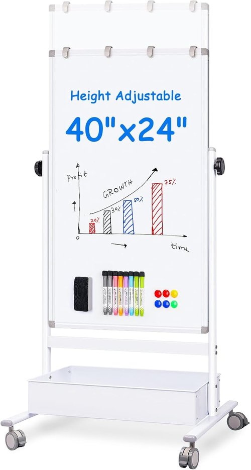 Maxtek Mobile Whiteboard Easel - 40x24 Inches Magnetic Dry Erase Board with Adjustable Height & Wheels for Classroom and Home
