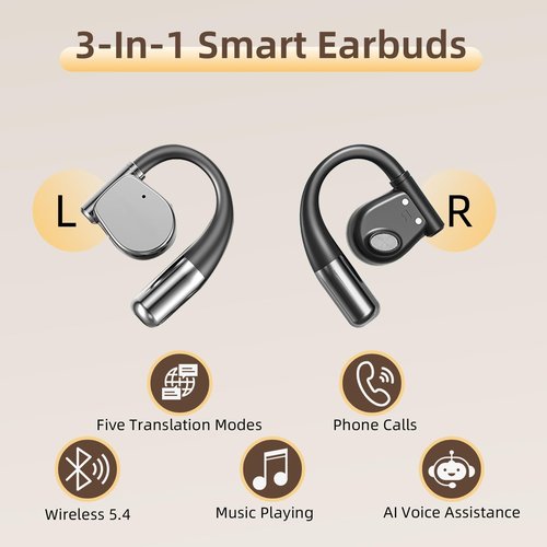 AI Translation Earbuds Real Time,144 Languages 40H Playtime Translator with 5 Translation Modes,No Subscription Required Ear-Hook Earbuds Wireless Earphones for Travel Business Meeting Learning-Black
