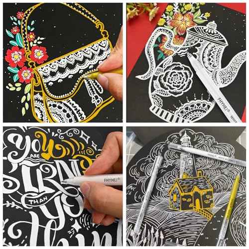 Fhyhej Gold Silver White Gel Pens,1.0mm Fine Point Gel Ink Pen Archival Ink Pens for Black Paper Drawing, Sketching, Illustration, Card Making, Bullet Journaling, 6 Pack