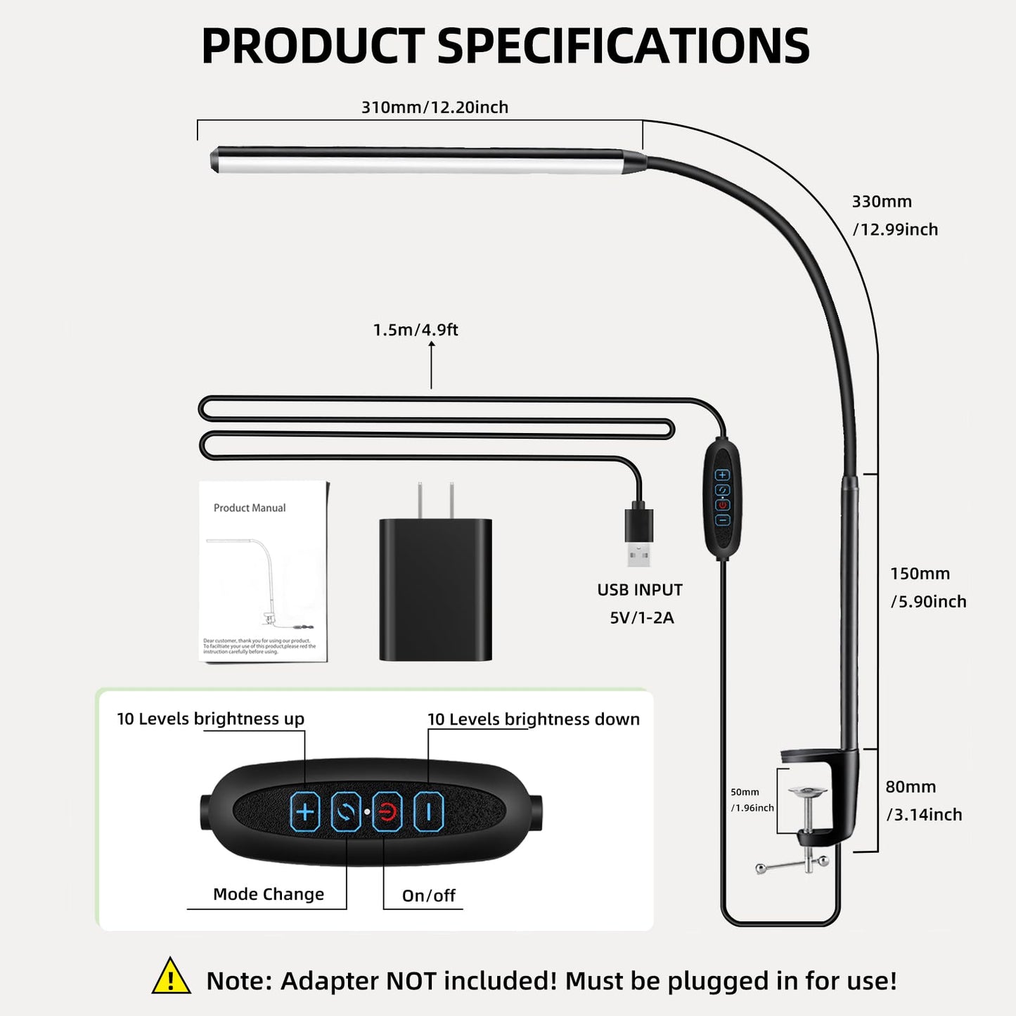 Akynite LED Desk Lamp with Clamp Clip on Reading Light Dimmable USB Small Clamp Lamp with 3 Color Modes 10 Brightness, Adjustable Flexible Gooseneck Workbench Light for Bed Headboard, Nail, Computer