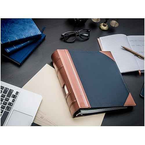 Executive Binder, English Leather 2 Tone with Stitching and Ribbed Spine, Heavy Duty 1 1/2" Inch 3 D-ring with Buster, Holds 225 8.5"x 11" Sheets With Memo Tag On Spine Blue
