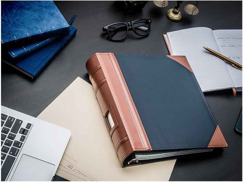 KLEER VU Executive Binder – Leather Binder with 1.5" D-Rings, 2 Tone Stitching with Ribbed Blue Spine, Holds 350 8.5x11 inch Sheets – for School, Library, Home, Law & Accounting Firm, Office (Blue)