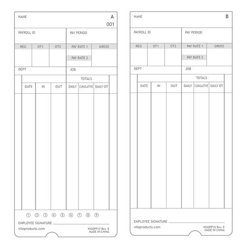 Nile Products - Authorized Time Cards for Nile Products 4500PP Compatible [ 4500PP10 ] Electronic Time Clock, Double Sided Time Sheets (3.37 x 7.37 Inches) - 100 Time Cards Per Package