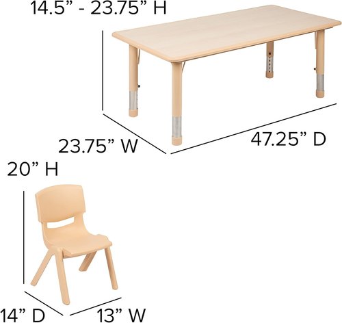 Emma + Oliver Rectangle Activity Table Set - Natural Plastic with 6 Chairs | 23.625" W x 47.25" L
