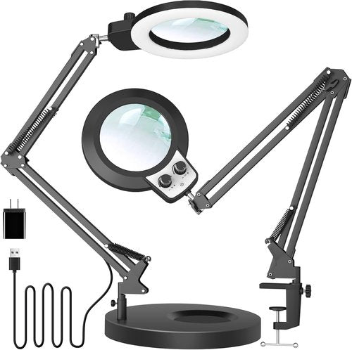 KIRKAS 12X Magnifying Glass - Lighted Stand Magnifier with Real Glass Lens & Stepless Dimming | 9.06" Base & Clamp