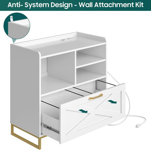Lateral File Cabinet A Large Drawer File Cabinet with Charging Station for Home Office Furniture, Modern Farmhouse Wood File Storage Cabinet with Open Adjustable Shelves, White