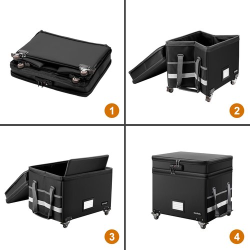DocSafe Fireproof Document Box with Lock,2-Layer File Box with Wheels,Collapsible File Storage Organizer with Pockets,Large Portable Home Filing Cabinet for Hanging Folders,Black,16''x13.8''x12.2''