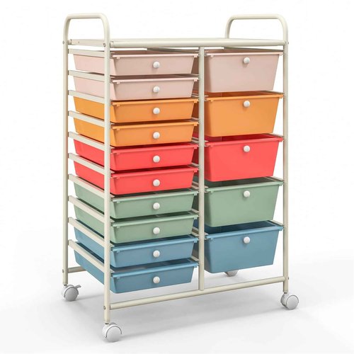 HOMGX Storage Cart with 15 Drawers, 15 Tier Multicolor Rolling Cart, File & Debris Storage Drawers on Lockable Wheels, Rolling Drawer Cart for Office/School/Home, Macaron