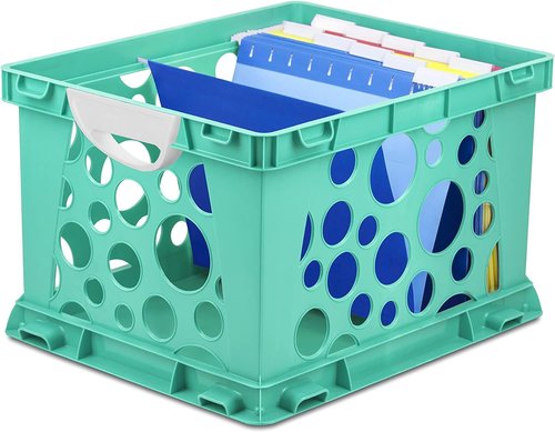 HomeStock Premium File Crate with Molded Handles, Letter and Legal Document and Folder Storage, 3-Pack, Made of Plastic - 17.25" L X 14.25" W X 10.5" H Teal/White