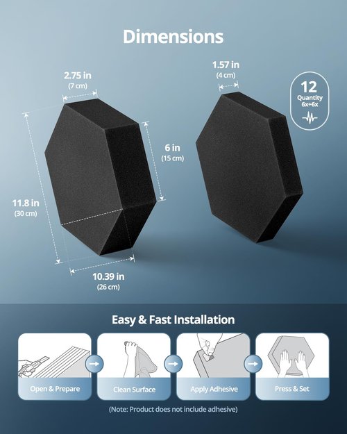 Acoustic Foam Panels for Walls, 1.57" & 2.75" Dual Thickness, 12 Pack, Hexagon Sound Absorbing Panels for Studio, Podcast, Recording Room, Office, Bedroom, Gaming Room, 10"L x 12"W, Black