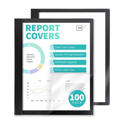 Binditek 100 Pack Clear Front Report Covers with 3 Prongs, 100-Sheet Capacity, Heavy-Duty Plastic Report Folder with Black Back Covers, 3 Metal Prongs Fasteners, for Letter Size, Office Supplies