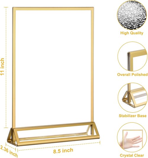 EHWINE Acrylic Sign Holder - 8 Pack Double-Sided 8.5 x 11 Gold Picture Frame Stands | Clear Display for Weddings & Events