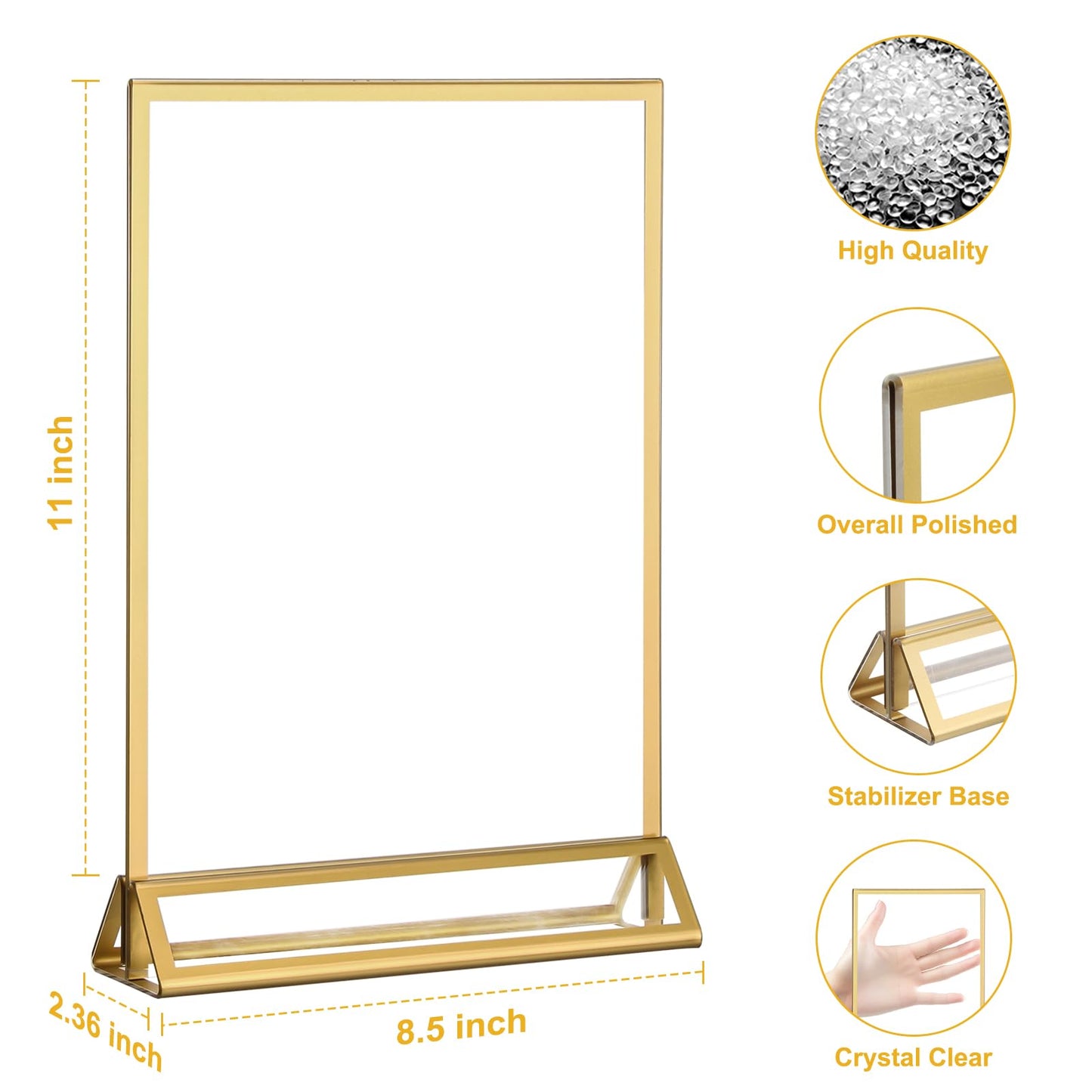 EHWINE 6 Pack 8.5×11 Clear Acrylic Sign Holder with Gold Borders and Vertical Stand, Double Sided Table Menu Holders Picture Frames for Wedding Table Numbers, Restaurant Signs, Photos and Art Display