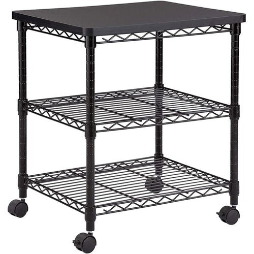 Safco Deskside 3 Tier Rolling Cart Printer Stand, Mobile Utility Table for Home Office with Steel Shelves, Black