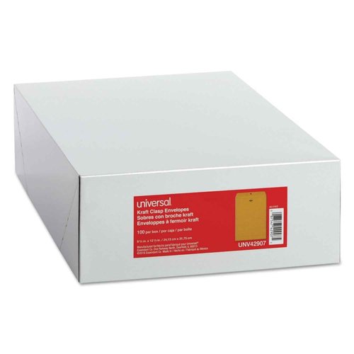Universal UNV42907 9.5 in. x 12.5 in. #12 1/2 Square Flap Clasp/Gummed Closure Envelope - Brown Kraft (100/Box)