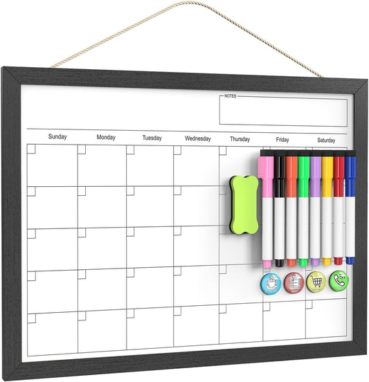 Skiennix Dry Erase Calendar - 17x13 Inch Magnetic Wall Whiteboard with Wood Frame for Home & Office