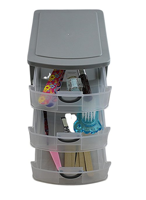 3 Drawer Mini Plastic Organizer Valet Makeup HBA Cosmetics Arts & Crafts Desktop Stationery Multi Purpose 7.5" x 6" x 6.5" (Gray)