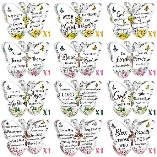 Pinkunn 12 Pcs Acrylic Christian Religious Gifts for Women Butterfly Scripture Church Gifts with Bible Verse and Prayers Inspirational Keepsake Faith Paperweight Bulk for Church