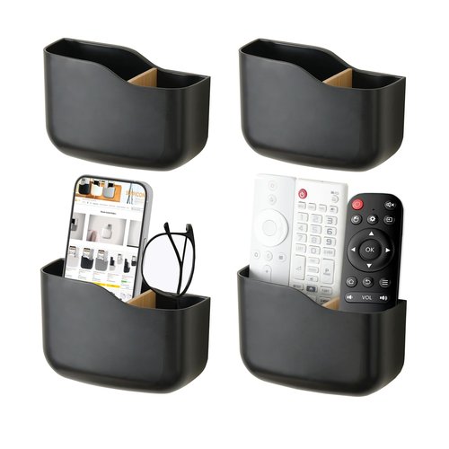 Wall Mount Remote Control Holder 4 Pack Adhesive Media Player Controller Holder Black Universal TV Remote Organizer Caddy Box Tray Hollow Bottom Easy Phone Charging Home Office Desk Nightstand