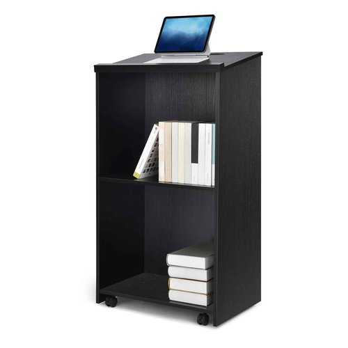 QuicMiou Podium Stand Freestanding Lectern Reception Desk with 4 Wheels, for Speaker with 2 Storage Shelves for Pulpits, Churches, Restaurants, and Classrooms (Black)