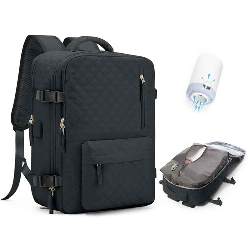 WONHOX Travel Vacuum Storage Backpack with Air Pump Vacuum Seal Compression Space Saver Bags Clothing Vacpack 18x14x8 inches Travel Bag Carry on Personal item Laptop Work Backpacks Women BlackGrey