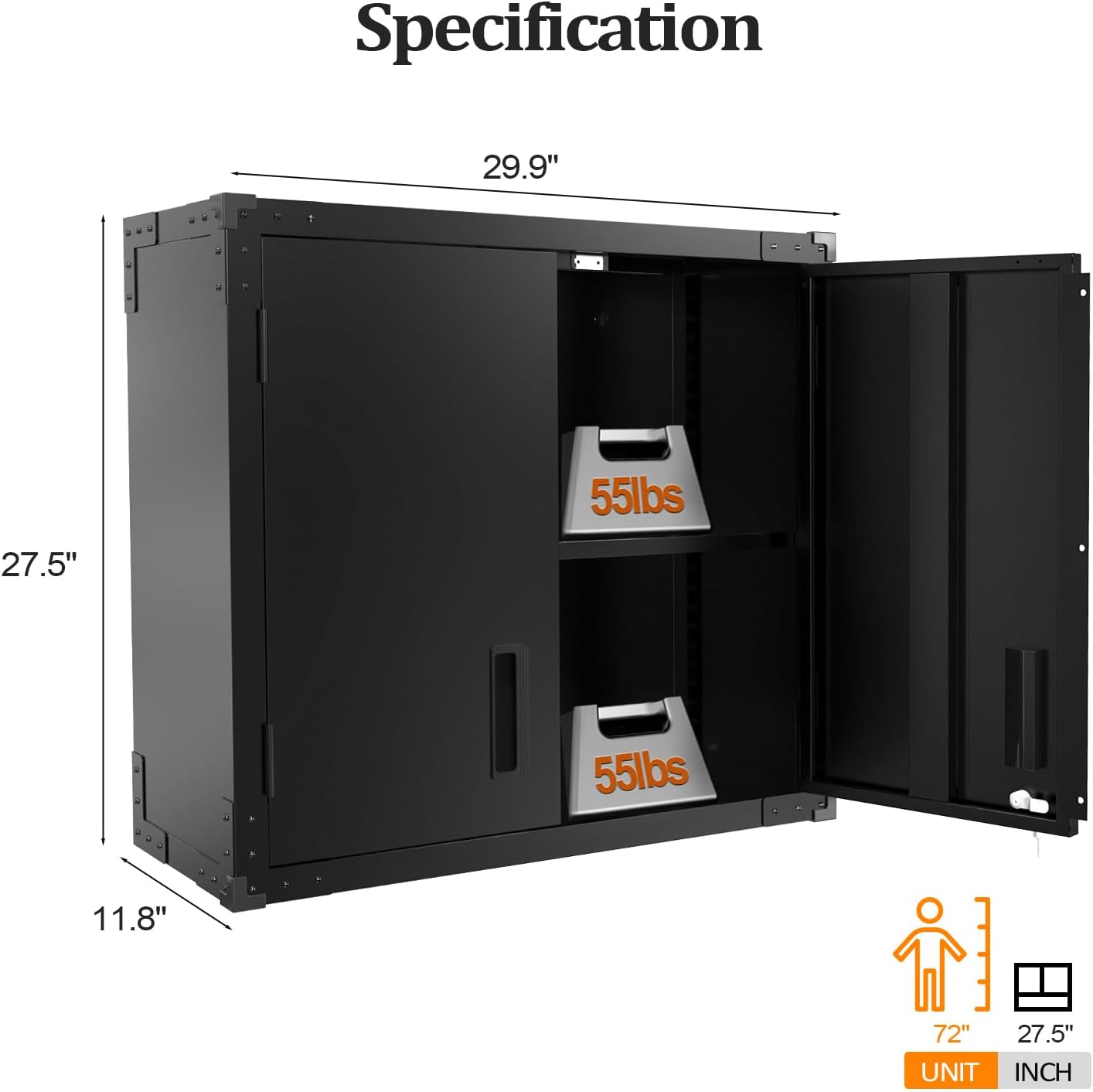 VINGLI Garage Wall Cabinet - Locking Doors & Adjustable Shelf | Metal Floating Storage (Black, 30''W x 12''D x 28''H)