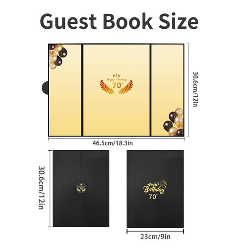 Kangmagitok Black Gold PU Leather Meaningful Happy 70th Birthday Party Decorations Card Guest Book Ideas Supplies for Women Men Dad to Sign Funny Cheers to 70 Years Old Table Decor Favors